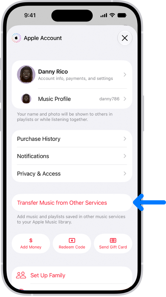 The Transfer Music from Other Services button on the Apple Account screen in Apple Music.