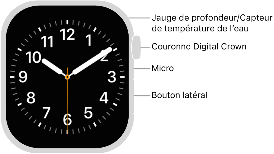 L’avant de l’Apple&nbsp;Watch&nbsp;Series&nbsp;12, avec l’écran affichant le cadran, et sur le côté de la montre, de haut en bas, la Digital&nbsp;Crown, le micro et le bouton latéral.