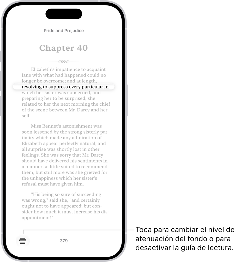 Página de un libro en la app Libros. Se resalta una sola línea de texto y el resto del texto se atenúa. En la esquina inferior izquierda de la pantalla se encuentra el botón “Guía de lectura”.