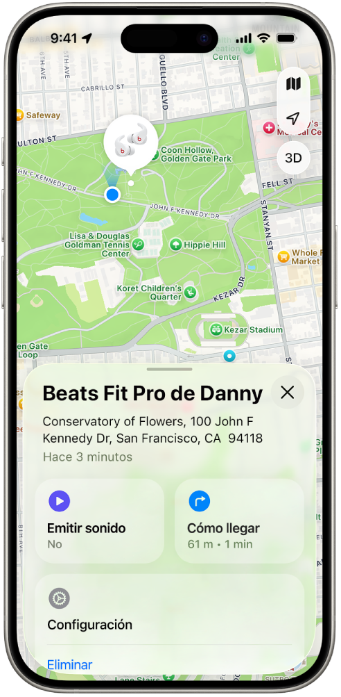 La pantalla de la app Encontrar en un iPhone mostrando la ubicación de unos Beats&nbsp;Fit&nbsp;Pro en un mapa de San Francisco.