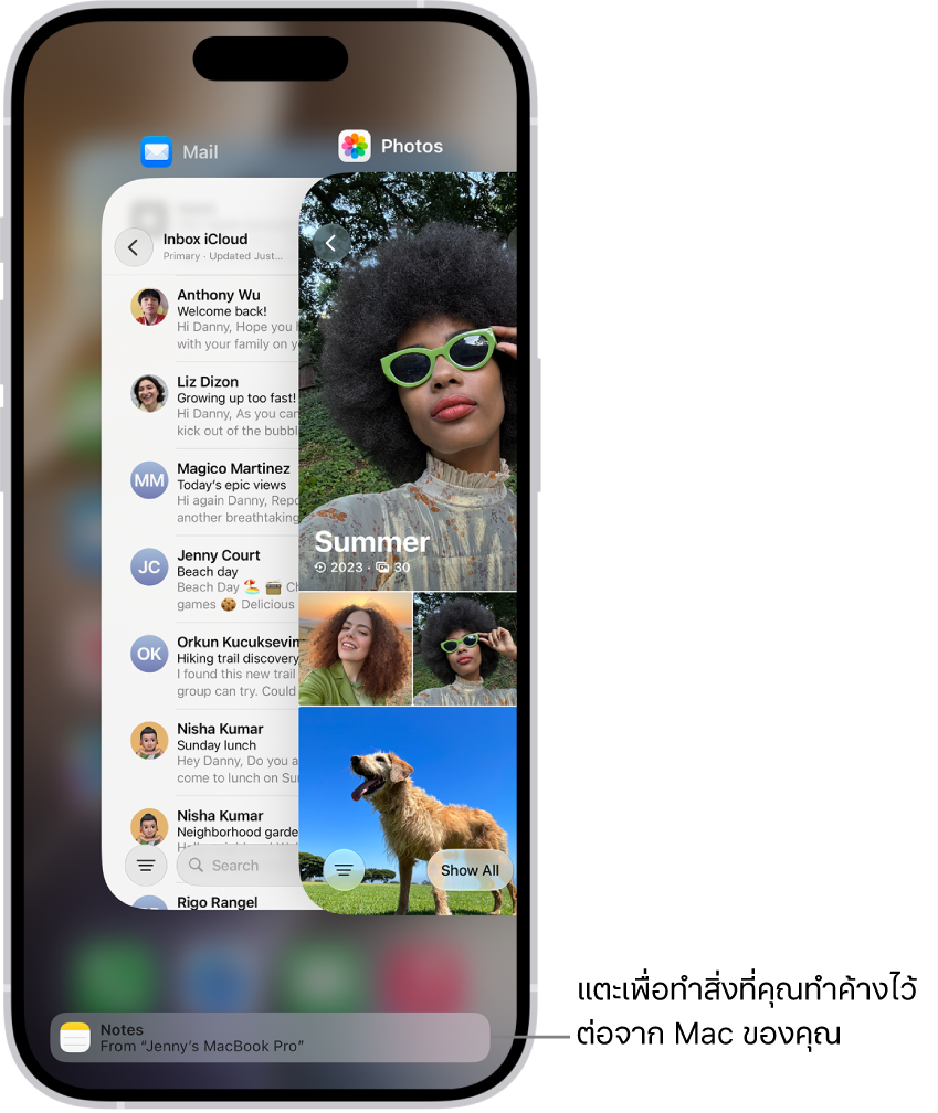 แถบสลับแอปบน iPhone ที่แสดงการแจ้งเตือน Handoff ที่ด้านล่างสุดของหน้าจอ