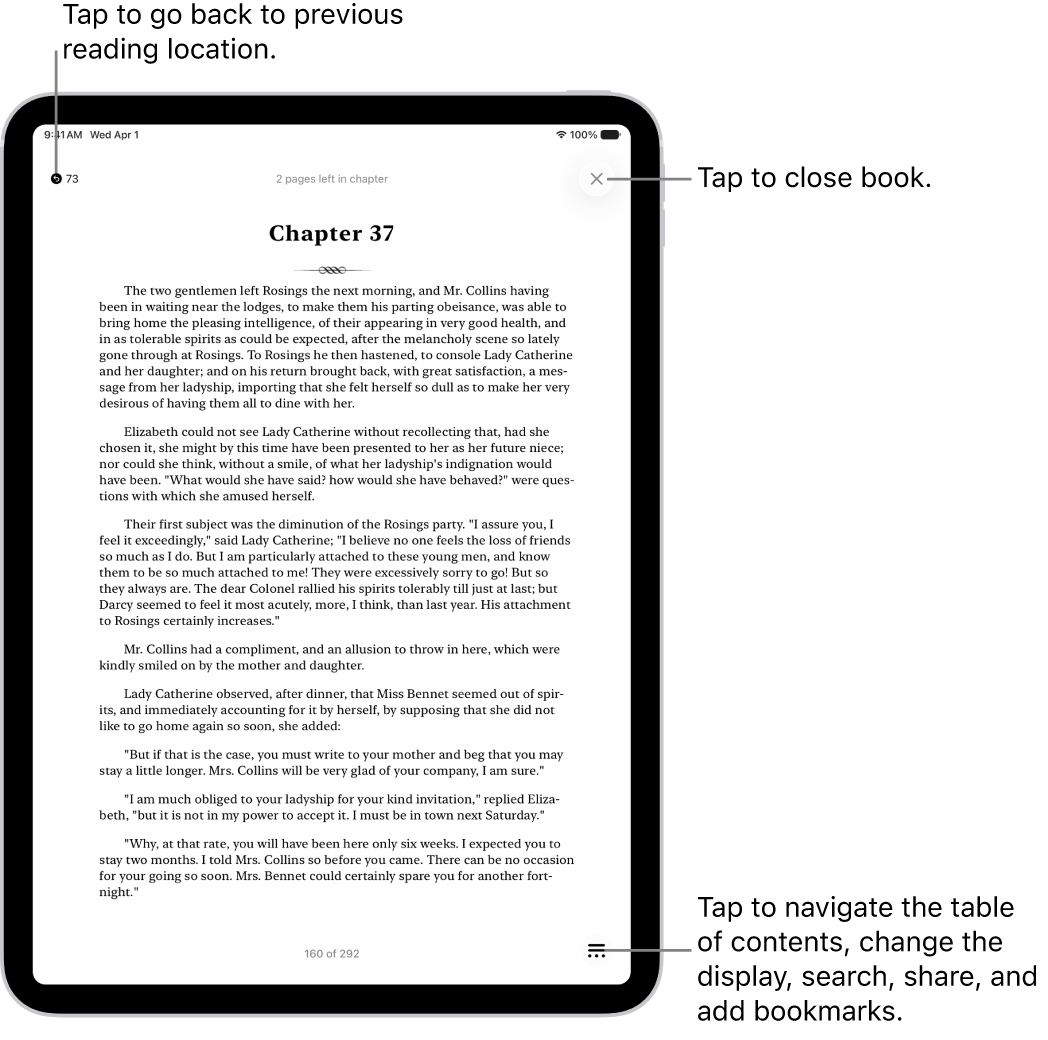 A page of a book in the Books app. At the top of the screen are the buttons for returning to the page on which you began reading and for closing the book. At the bottom right of the screen is the Menu button.