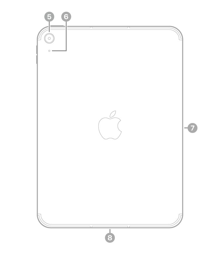 Vue de dos de l’iPad avec des légendes pour la caméra arrière et le micro en haut à gauche, le Smart Connector sur le côté droit et le connecteur USB-C en bas au centre.