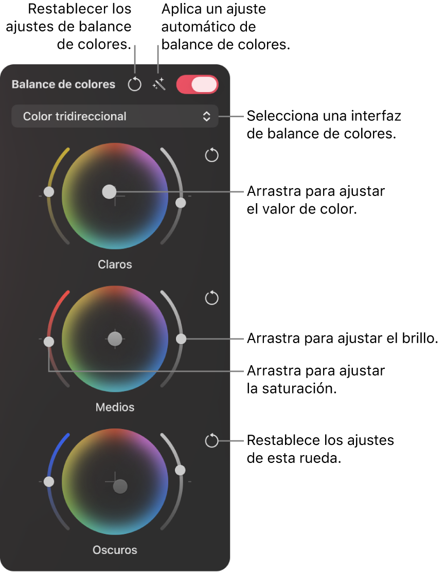 Interfaz de “Color tridireccional” para ajustar el balance de colores de una imagen.