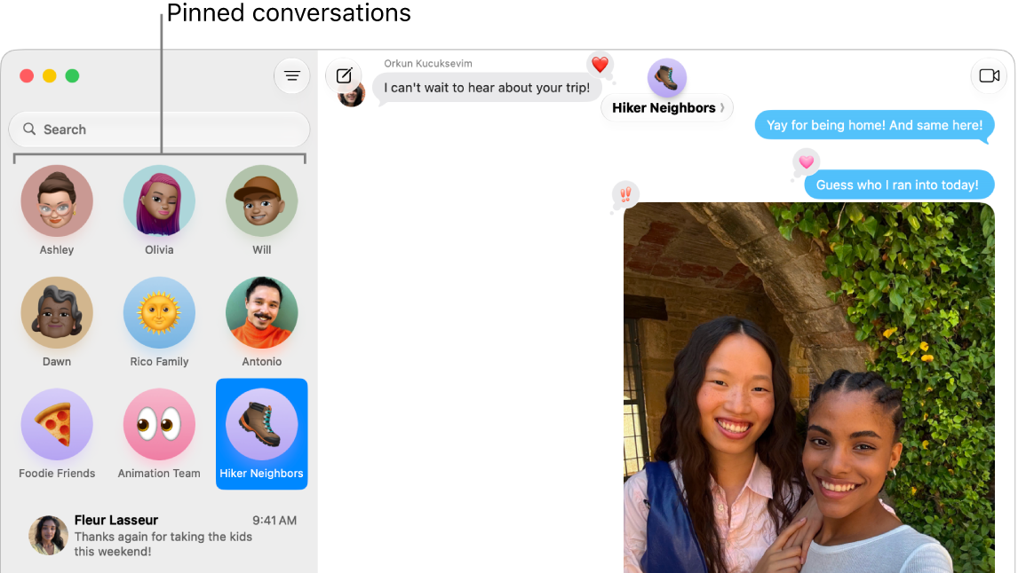 Messages with several conversations pinned on the left side of the window.