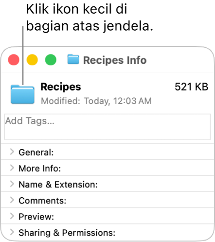 Jendela Info untuk folder, menampilkan ikon generik untuk folder yang dipilih.