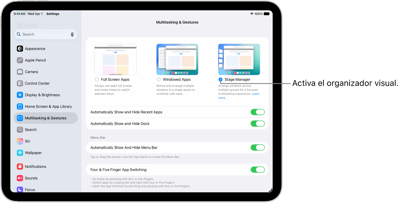 La app Configuración del iPad mostrando las opciones de multitarea y gestos que se pueden elegir para trabajar con varias apps.