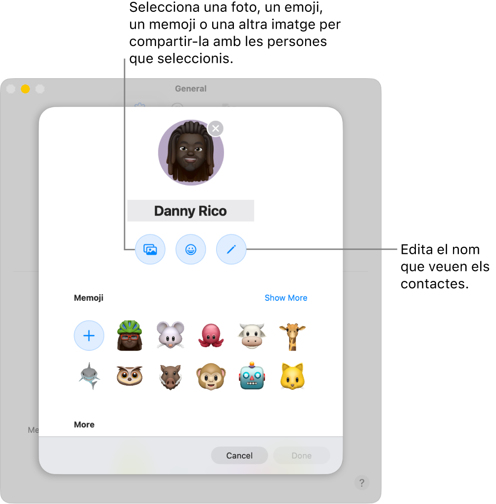 El quadre de diàleg per compartir el nom i la foto, en què es mostren opcions per editar el nom que es mostra als contactes i seleccionar una foto, un emoji, un memoji o una altra imatge.
