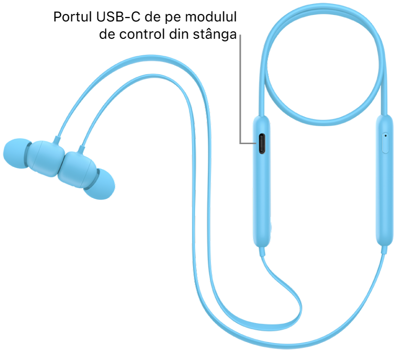 Portul de încărcare USB-C din partea de jos a modulului de control Beats&nbsp;Flex din stânga.