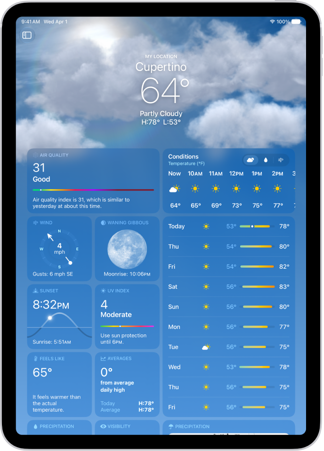 The Weather screen, showing the location, current temperature, the high and low temperatures for the day, hourly forecast, and 10-day forecast on the left side of the screen and a precipitation map and air quality scale on the right side of the screen.