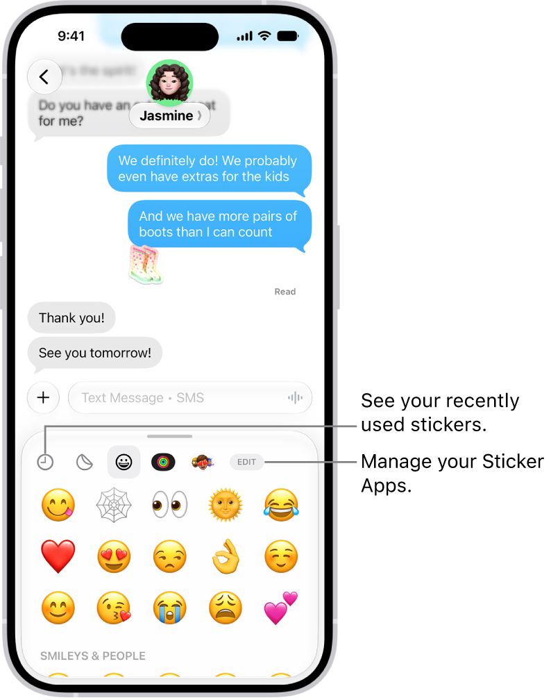 Stickers appear below a conversation. Each button across the top of the card opens a sticker pack.