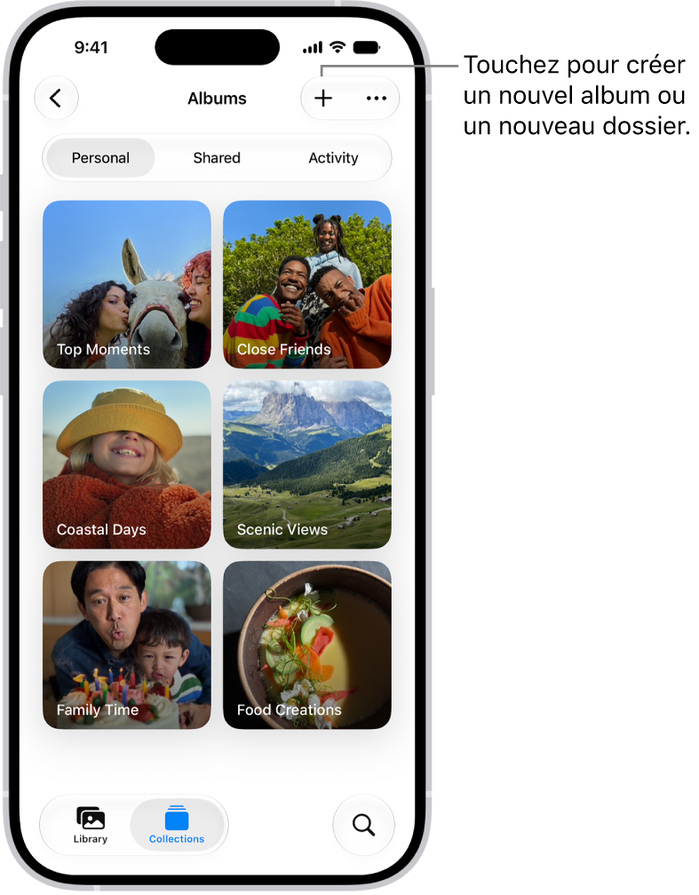 La collection Albums de l’app Photos. Une grille d’albums est affichée à l’écran. En haut de l’écran, de gauche à droite, se trouvent les boutons Retour, Nouvel album et Plus. En dessous se trouvent les boutons permettant d’afficher des albums en sélectionnant Personnel, Partagés ou Activité. En bas de l’écran, de gauche à droite, se trouvent les boutons Photothèque, Collections et Rechercher.