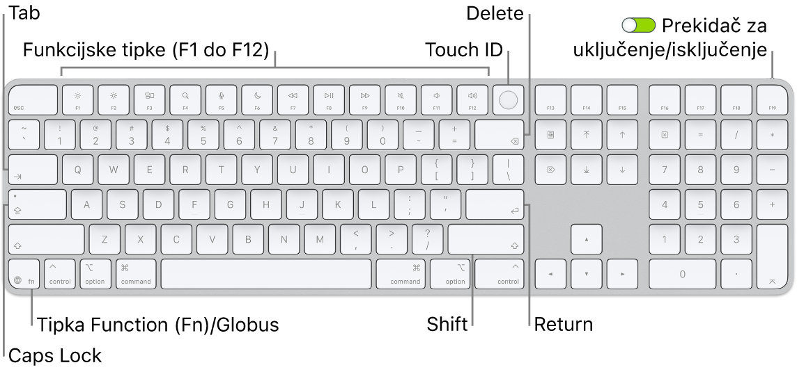 Magic Keyboard s Touch ID-jem i numeričkom tipkovnicom na kojem se vidi red funkcijskih tipki i Touch ID na vrhu i tipka Funkcija (Fn)/Globus s desne strane tipke Delete.