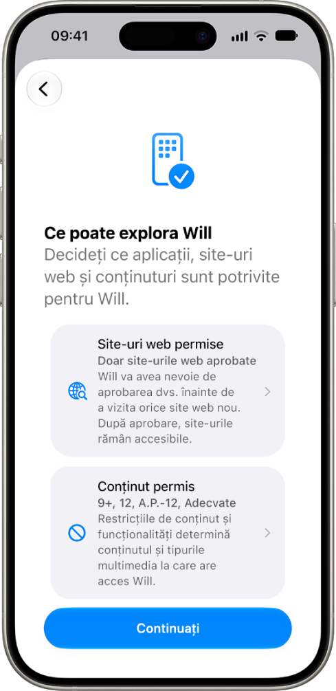 Ecranul de configurare a controalelor parentale afișând opțiuni pentru tipul de conținut care poate fi accesat, cum ar fi aplicații și site‑uri web.