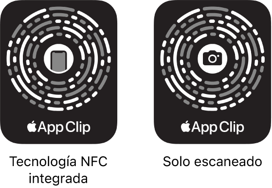 A la izquierda, un código de clip de app con etiqueta NFC integrada y con el icono de un iPhone en el centro. A la derecha, un código de clip de app para escanear con el icono de una cámara en el centro.