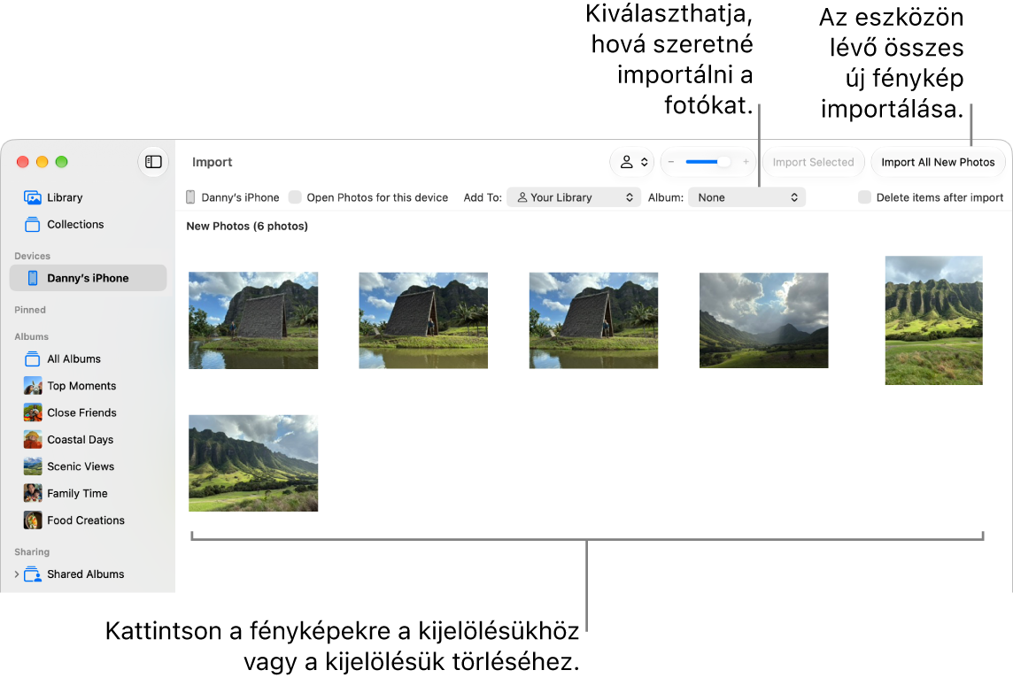 A Mac Fotók alkalmazásának Importálás ablaka, amely egy eszközön található új fotókat jelenít meg. Fent középen található az Album felugró menü. Az Importálás gombok jobb oldalon fent találhatók.
