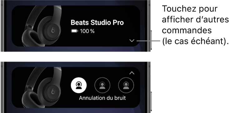 La première image montre le widget de l’app Beats affichant le casque Beats&nbsp;Studio&nbsp;Pro connecté et un bouton pour afficher d’autres commandes. La deuxième image montre les commandes d’annulation du bruit dans le widget.