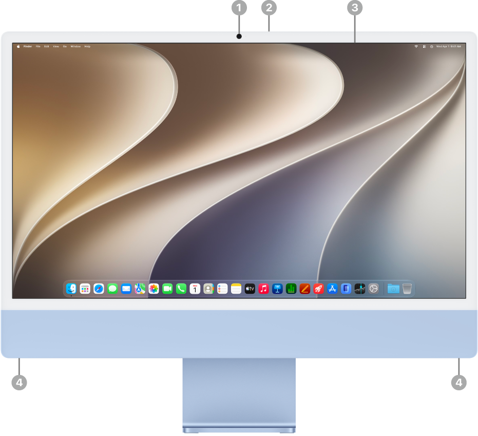Hình ảnh mặt trước của iMac, đang hiển thị màn hình, camera, micrô và loa.