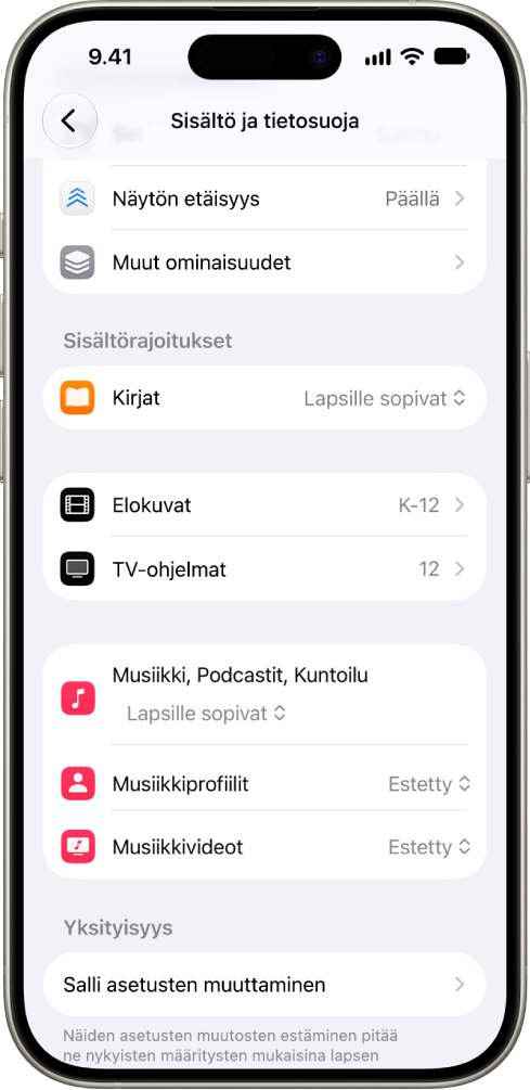 Ruutuaika-asetusten Sisältö ja tietosuoja -näyttö, jossa näkyy sisältörajoituksia koskevia vaihtoehtoja esimerkiksi Kirjoissa, Elokuvissa ja muualla.