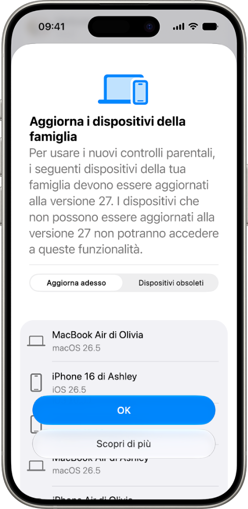 Schermata “Aggiorna dispositivi famiglia” che mostra i dispositivi che devono essere aggiornati e quelli meno recenti.