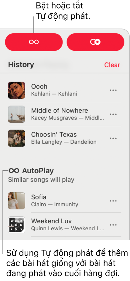 Lịch sử hiển thị ở góc trên cùng bên phải của Apple Music. Phần Tự động phát cũng được hiển thị.