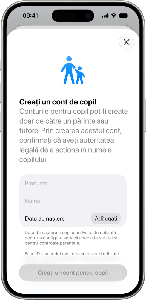 Ecranul „Creați un cont de copil”, afișând opțiuni pentru a adăuga un prenume, un nume de familie și o dată de naștere.