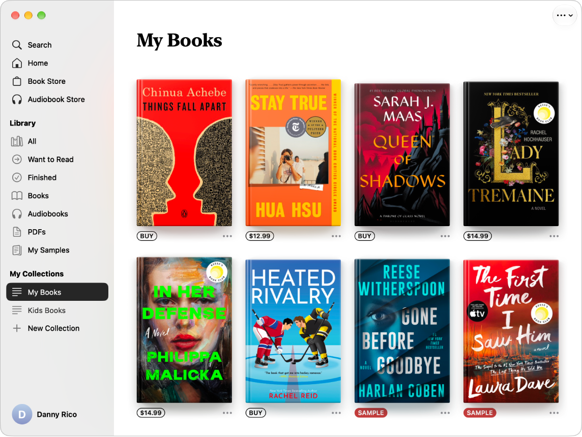 A Books app window showing the My Books collection selected in the sidebar and the titles from that collection displayed on the right.