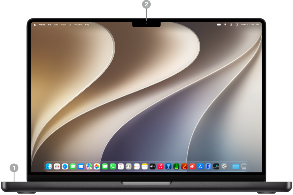 덮개를 연 MacBook&nbsp;Pro의 전면으로, 마이크 및 12MP Center Stage 카메라가 표시됨.