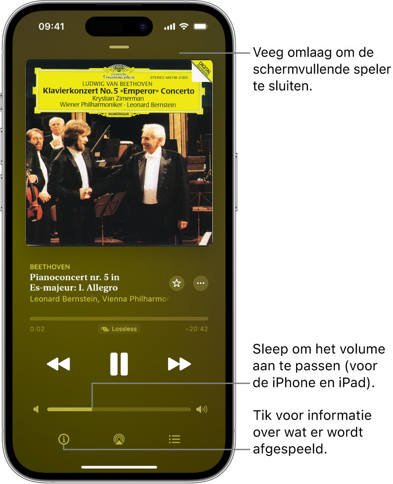 Een iPhone met het scherm 'Huidige' in Apple Music Classical. Boven in het scherm staat een grijze balk waarop je kunt tikken om het scherm 'Huidige' te verbergen en terug te gaan naar de minispeler. Onder de balk staan een albumillustratie, de naam van het muziekstuk en de tijdbalk met daarin de duur van de track en de verstreken tijd. In het onderste deel van het scherm staan de knoppen voor terugspoelen, pauzeren en vooruitspoelen, de volumeregelaar, de infoknop, de AirPlay-knop en de knop voor wat hierna wordt afgespeeld.