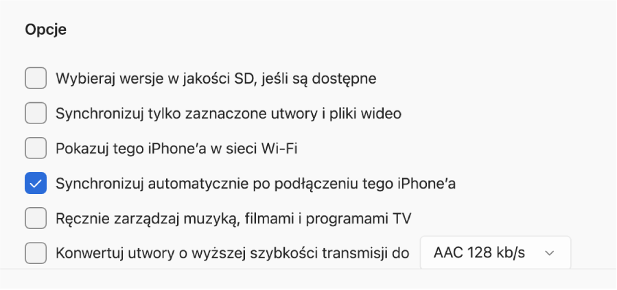 Opcje synchronizowania urządzenia Apple i urządzenia Windows. Pole wyboru „Synchronizuj automatycznie po podłączeniu tego iPhone’a” jest zaznaczone.