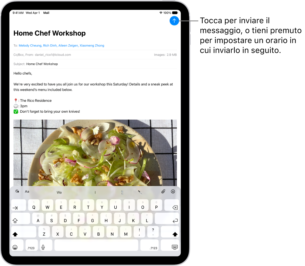 La bozza di un’email aperta nell’app Mail. Nell’angolo in alto a destra è presente il pulsante per inviare il messaggio. Toccalo per inviare il messaggio o tienilo premuto per programmare un orario per inviarlo più tardi.