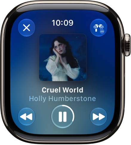 The Now Playing screen in the Music app. Album art is in the middle, the song title and artist are below. At the bottom of the screen are the Previous, Play/Pause, and Next buttons. The More Options button is at the top right. The Back button is at the top left.