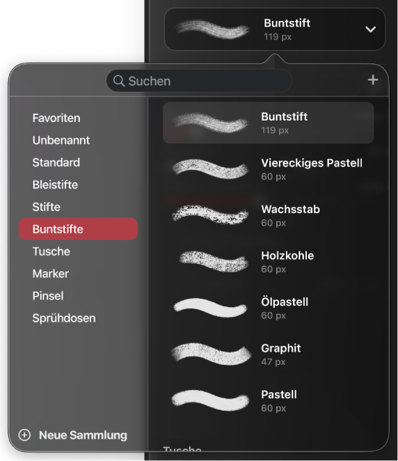 Der Pinsel-Browser im Bereich „Pinsel“ mit den Pinselkategorien und den Pinselstrichen, die in der aktuell ausgewählten Kategorie verfügbar sind.