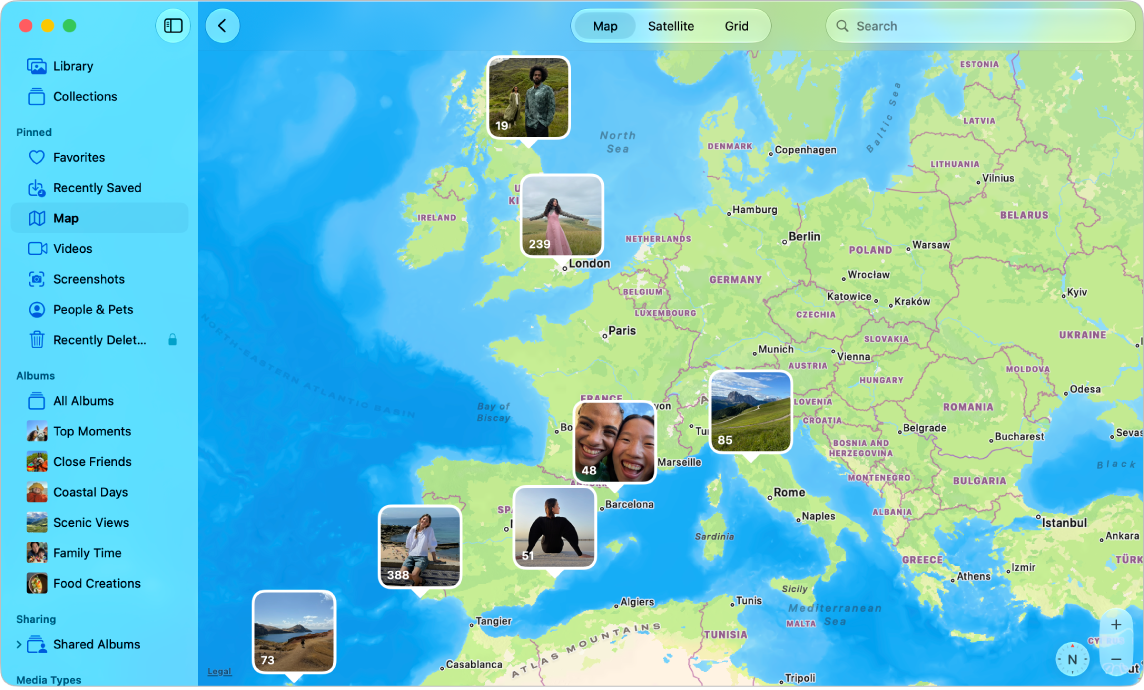 The Photos window showing a map with photo thumbnails grouped by location.
