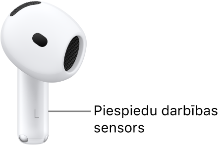 Nospiešanas sensora atrašanās vieta uz AirPods 5&nbsp;austiņām — uz abu AirPods austiņu kājiņām.