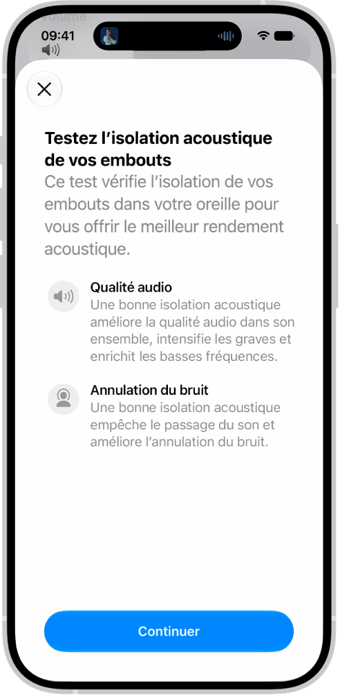 Un écran d’iPhone affichant un test pour mesurer l’isolation acoustique des AirPods&nbsp;Pro&nbsp;3.
