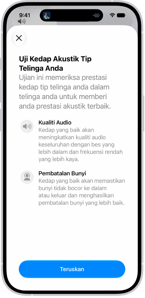 Skrin iPhone memaparkan ujian untuk mengukur kedap akustik AirPods Pro 3.