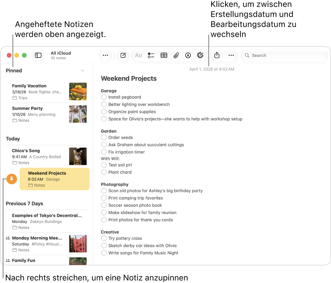 Ein Fenster der App „Notizen“ auf dem Mac mit der Liste der Notizen auf der linken Seite, angehefteten Notizen oben in der Liste und der Stecknadel-Taste auf einer Notiz. Der Inhalt der Notiz wird rechts mit dem Datum oben angezeigt. Durch Klicken auf das Datum kann zwischen Erstellungs- und Bearbeitungsdatum gewechselt werden.