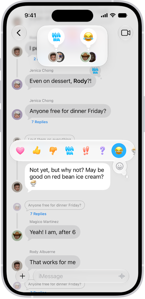 A Messages conversation with Tapbacks attributions visible near the top of the screen, and the Tapbacks menu visible above a message.