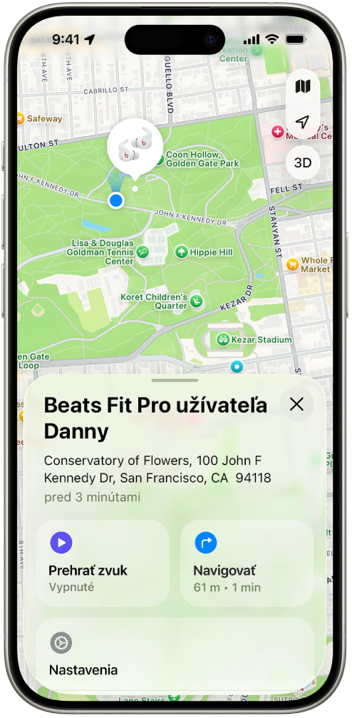 V&nbsp;apke Nájsť na iPhone je na mape San Francisca zobrazená poloha slúchadiel Beats Fit Pro.