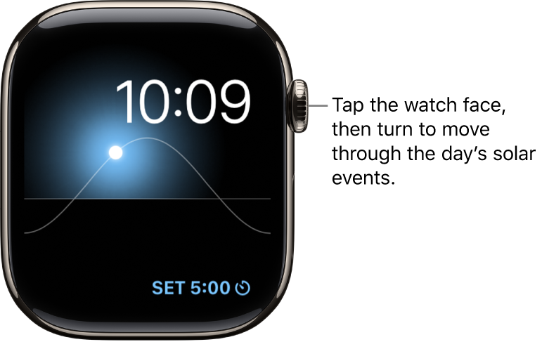 The Solar Graph watch face displays the day, date, and current time, which can’t be modified. A Timer complication appears at the bottom right. Tap the watch face, then turn the Digital Crown to move the sun in the sky to dusk, dawn, zenith, sunset, and darkness.