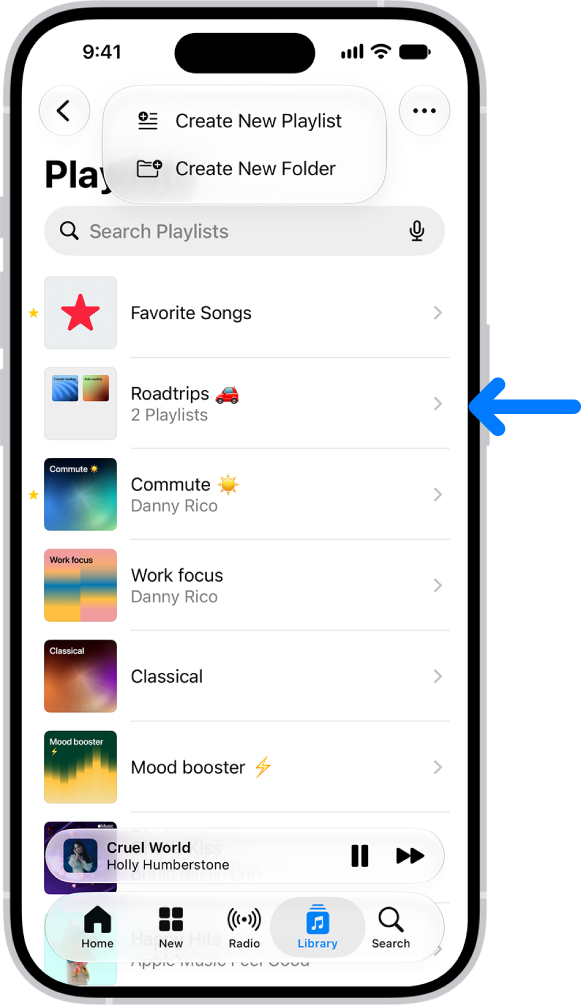 The Library tab showing the list of playlists. At the top are buttons to create a new playlist or create a new folder. A blue arrow is pointing to a playlist folder named Roadtrips.