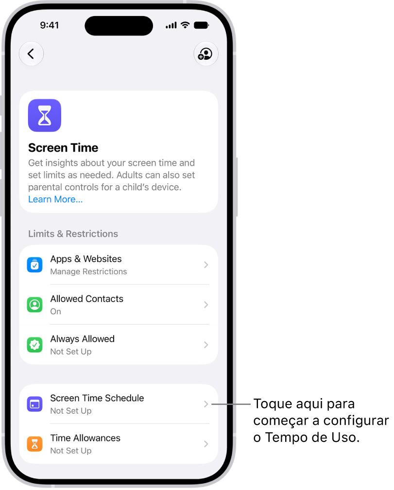 Uma imagem do Tempo de Uso nos Ajustes com opções para configurar Horários de Tempo de Uso, Limites de Tempo e muito mais.