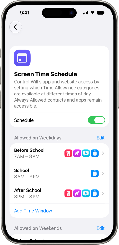 The Screen Time Schedule screen in Screen Time Settings, showing a schedule for weekdays with time windows for Before School, School, and After School.