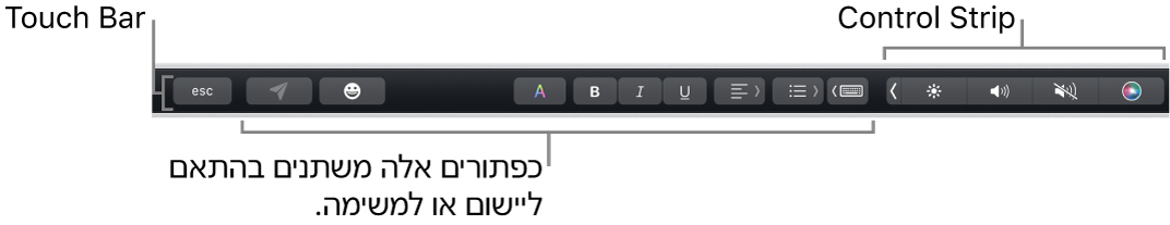 ה‑Touch Bar בחלק העליון של המקלדת, עם ה‑Control&nbsp;Strip בפריסה מכווצת בצד ימין ועם כפתורים שמשתנים בהתאם ליישום או למשימה.