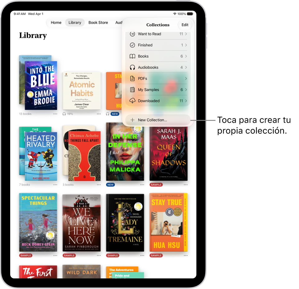 La pantalla Biblioteca de la app Libros. El menú Colecciones está abierto en la parte superior de la pantalla y muestra opciones como Audiolibros y PDF.