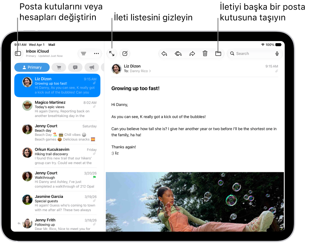 Solda e-posta listesi ve sağda açık bir e-posta ile Mail’in Gelen Kutusu.