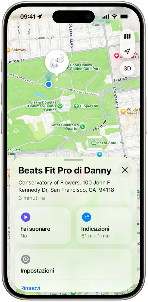 La schermata dell’app Dov’è su iPhone che mostra la posizione dei Beats&nbsp;Fit&nbsp;Pro su una mappa di San Francisco.