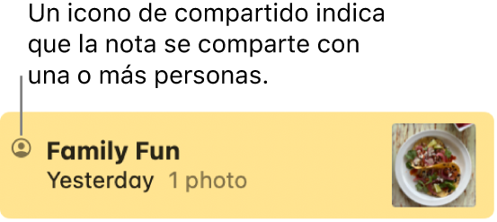 Una nota que se ha compartido con otras personas en una conversación de Mensajes, con el icono Compartido a la izquierda del nombre de la nota.
