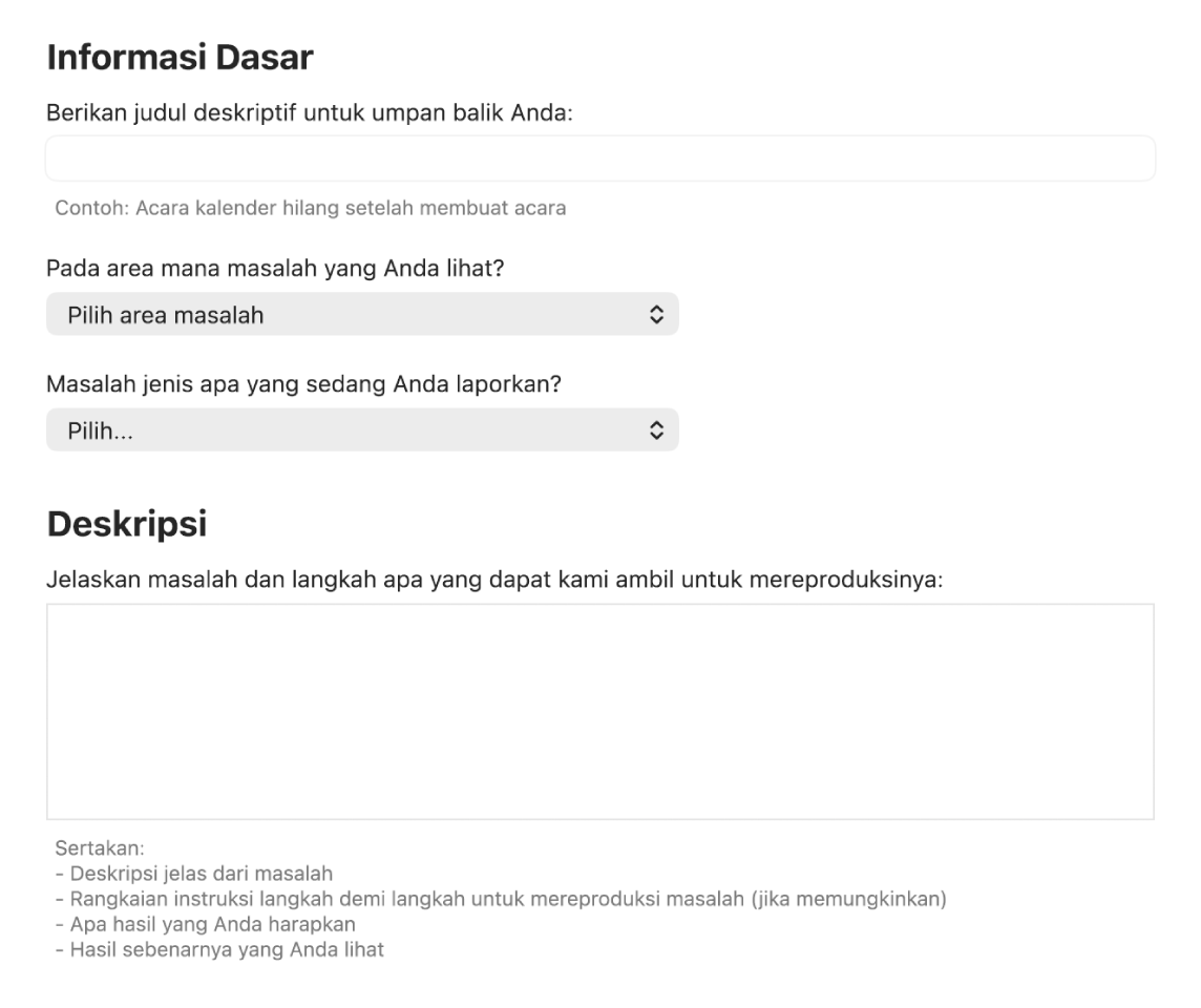 Formulir umpan balik yang menampilkan informasi dasar dan bidang deskripsi.